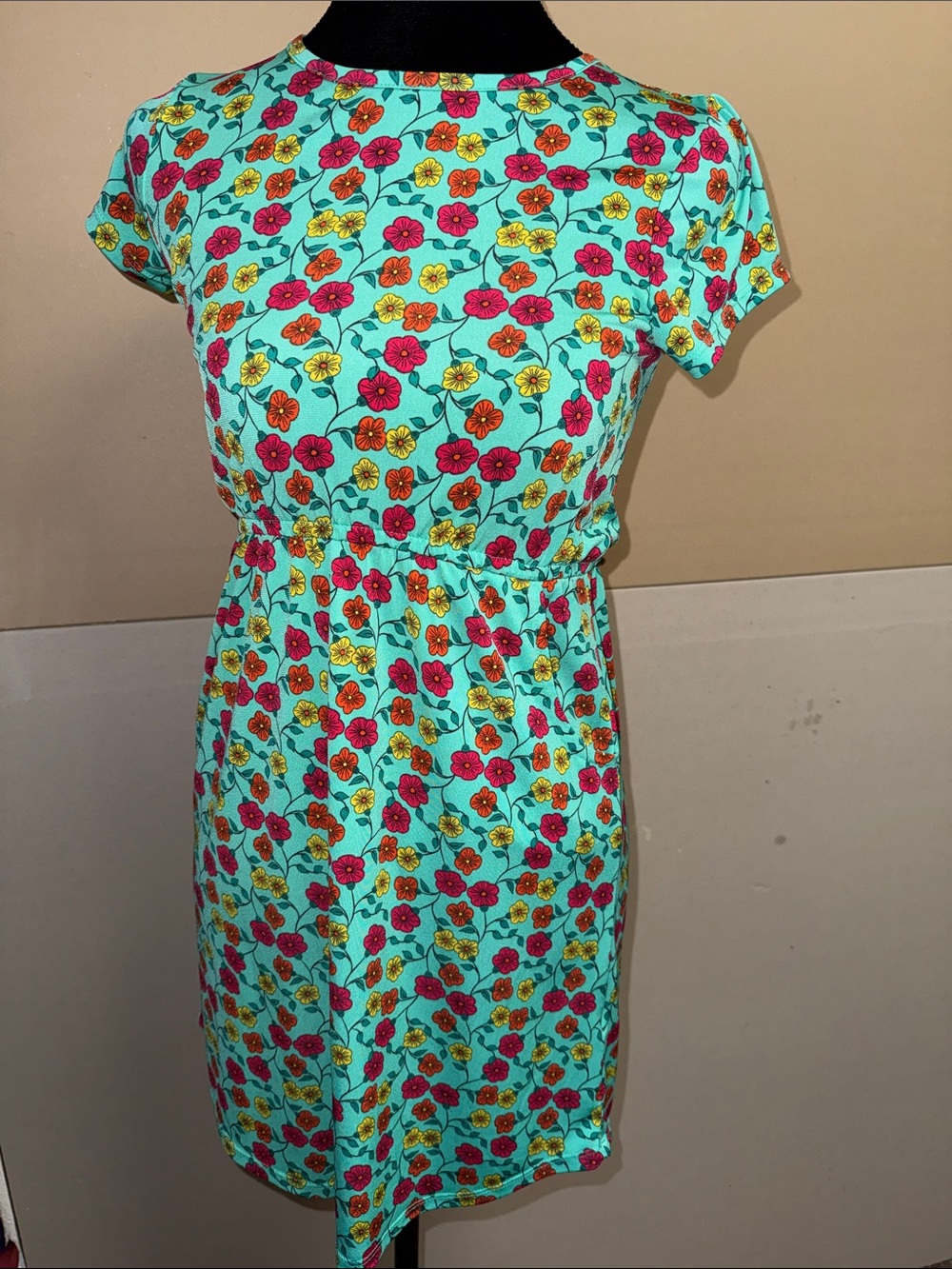 Kids LuLaRoe Mae Dress-  Aqua Floral Short Sleeve with Pink & Yellow Flowers